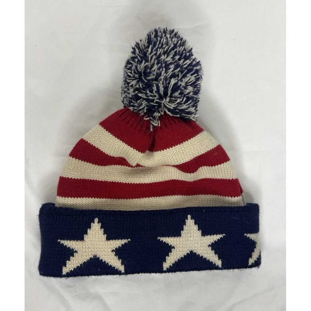 Pugs Patriotic Beanie Cap Red‎ White Blue Stars & Stripe Large Pom Pom - Unisex-